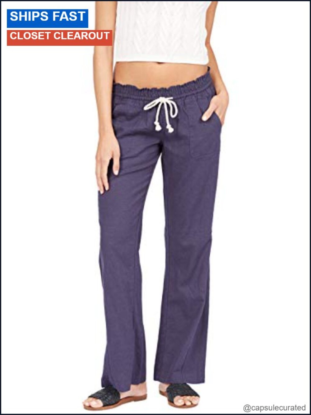 Women's Flared Linen Pants, Elastic Drawstring Waist, Beach Cover Up